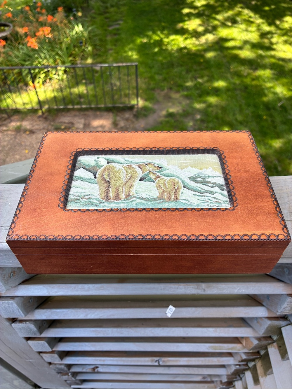 Wooden Trinket Box with Silk Woven Polar Bear Inset